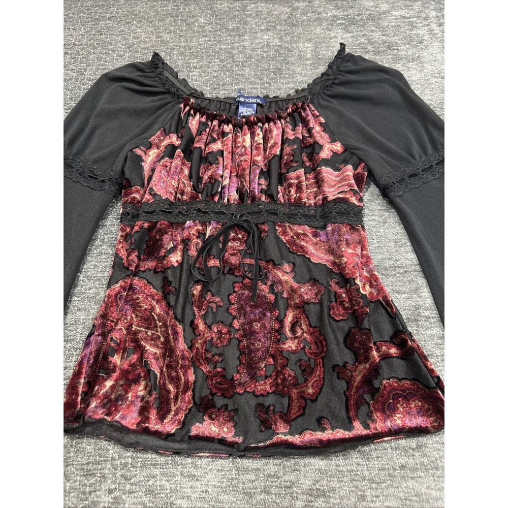 Y2K Candie's Paisley Velvet Bell Sleeve Boho Goth Peasant Top Size S - Picture 2 of 14